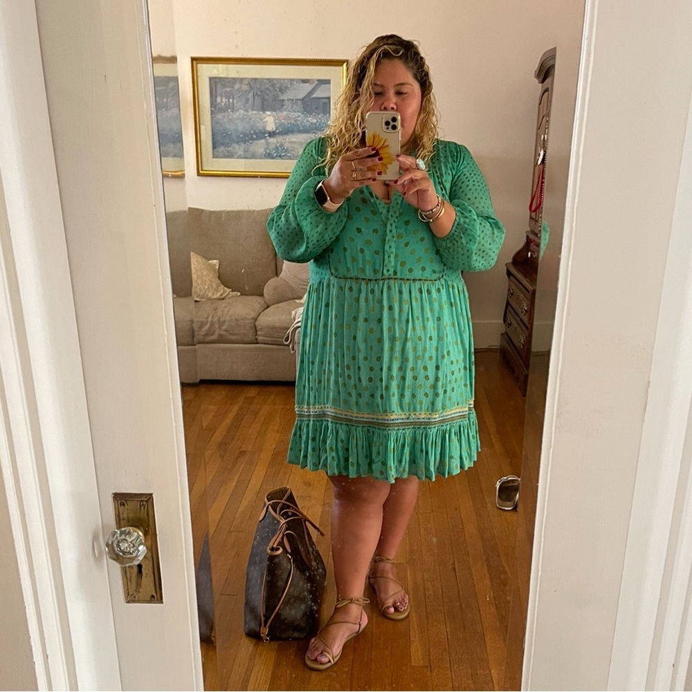 Green Printed Long-Sleeve Ruffle Hem Dress